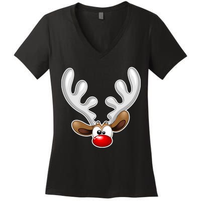Christmas Red Nose Reindeer Face  Women's V-Neck T-Shirt