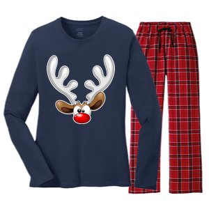 Christmas Red Nose Reindeer Face  Women's Long Sleeve Flannel Pajama Set 