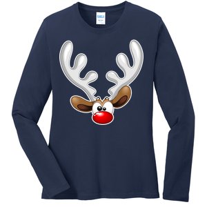 Christmas Red Nose Reindeer Face  Ladies Long Sleeve Shirt