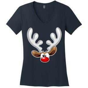 Christmas Red Nose Reindeer Face  Women's V-Neck T-Shirt