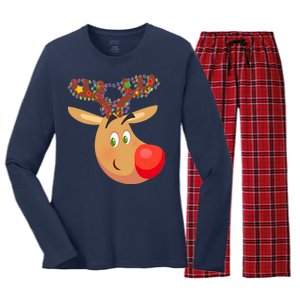 Christmas Reindeer Antler Lights Women's Long Sleeve Flannel Pajama Set 