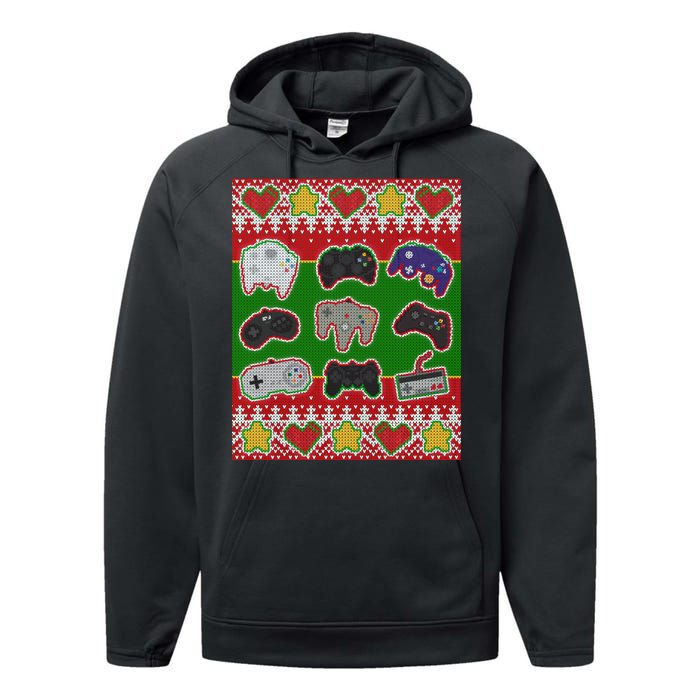 Christmas Retro Video Game Controllers Ugly Sweater Performance Fleece Hoodie