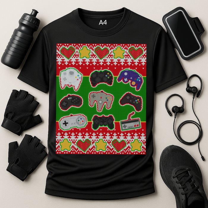 Christmas Retro Video Game Controllers Ugly Sweater Performance Shirt