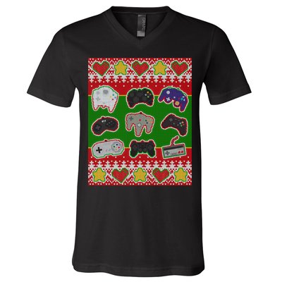 Christmas Retro Video Game Controllers Ugly Sweater V-Neck T-Shirt