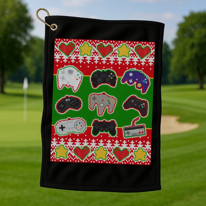 Christmas Retro Video Game Controllers Ugly Sweater Golf Towel