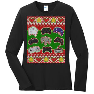 Christmas Retro Video Game Controllers Ugly Sweater Ladies Long Sleeve Shirt