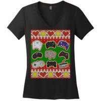 Christmas Retro Video Game Controllers Ugly Sweater Women's V-Neck T-Shirt