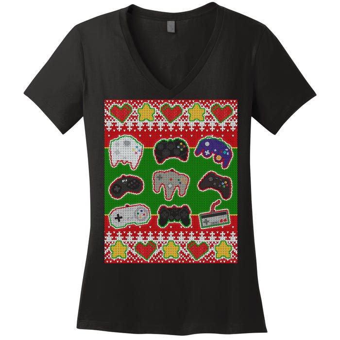 Christmas Retro Video Game Controllers Ugly Sweater Women's V-Neck T-Shirt