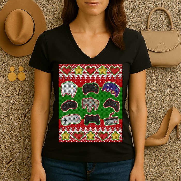 Christmas Retro Video Game Controllers Ugly Sweater Women's V-Neck T-Shirt