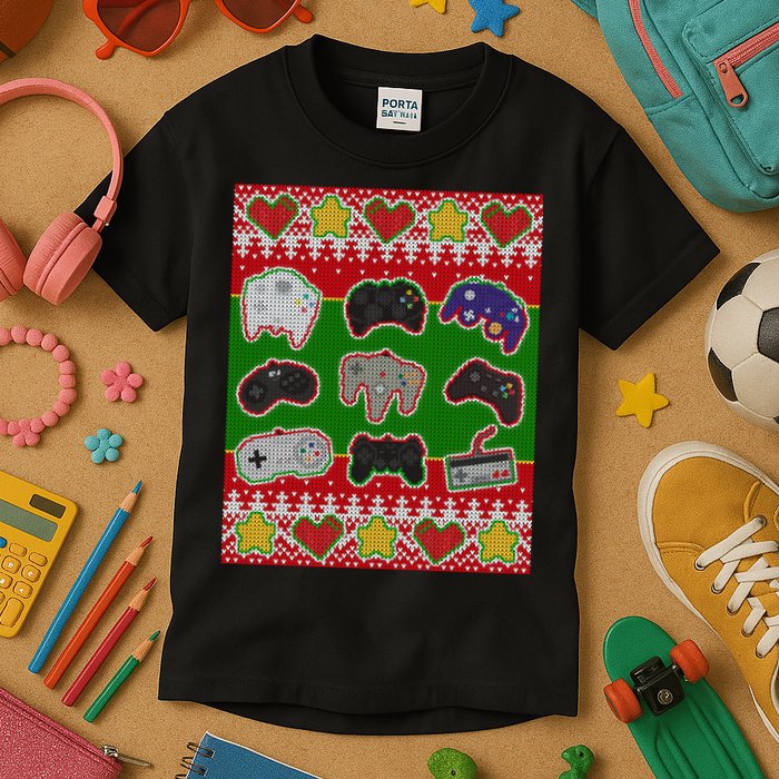 Christmas Retro Video Game Controllers Ugly Sweater Kids T-Shirt