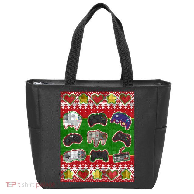 Christmas Retro Video Game Controllers Ugly Sweater Zip Tote Bag