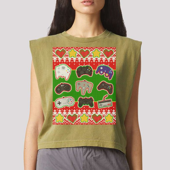 Christmas Retro Video Game Controllers Ugly Sweater Garment-Dyed Women's Muscle Tee