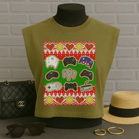 Christmas Retro Video Game Controllers Ugly Sweater Garment-Dyed Women's Muscle Tee