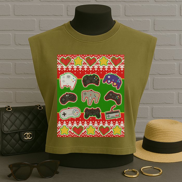 Christmas Retro Video Game Controllers Ugly Sweater Garment-Dyed Women's Muscle Tee