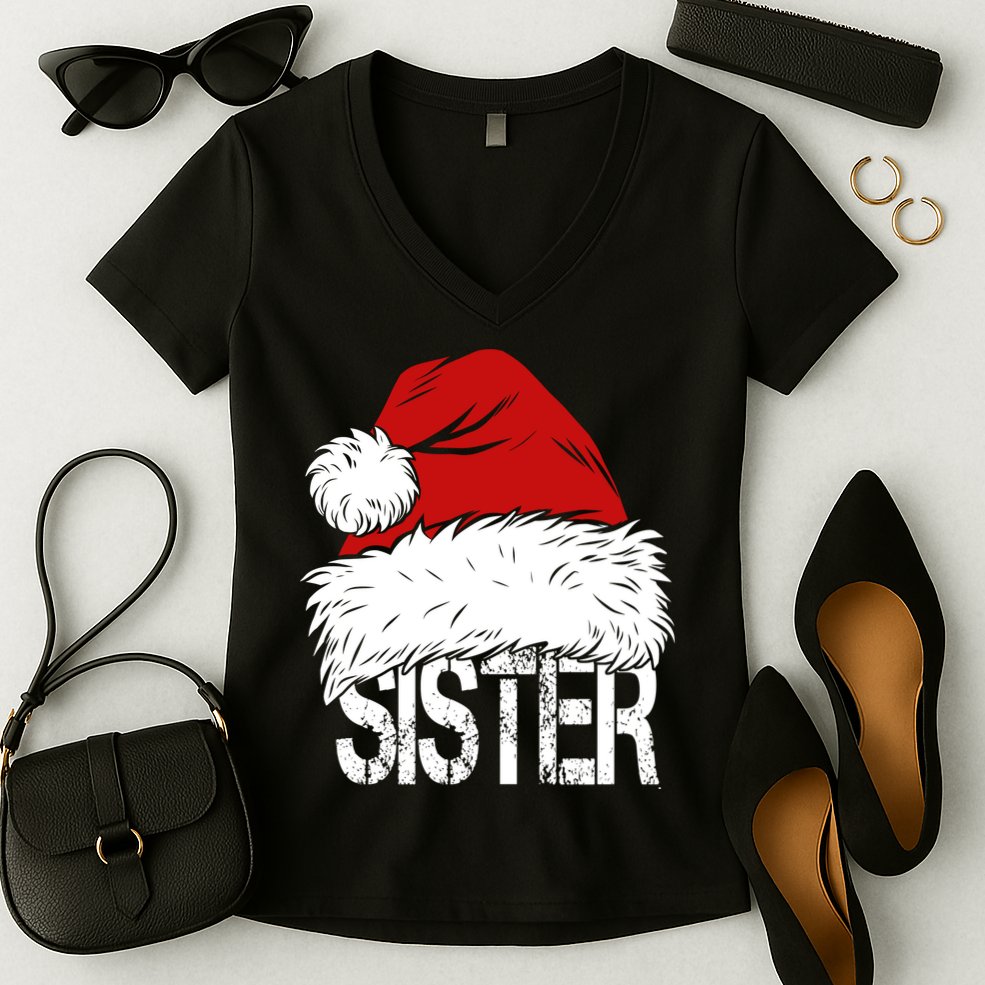 Christmas Santa Hat Sister Women's V-Neck T-Shirt