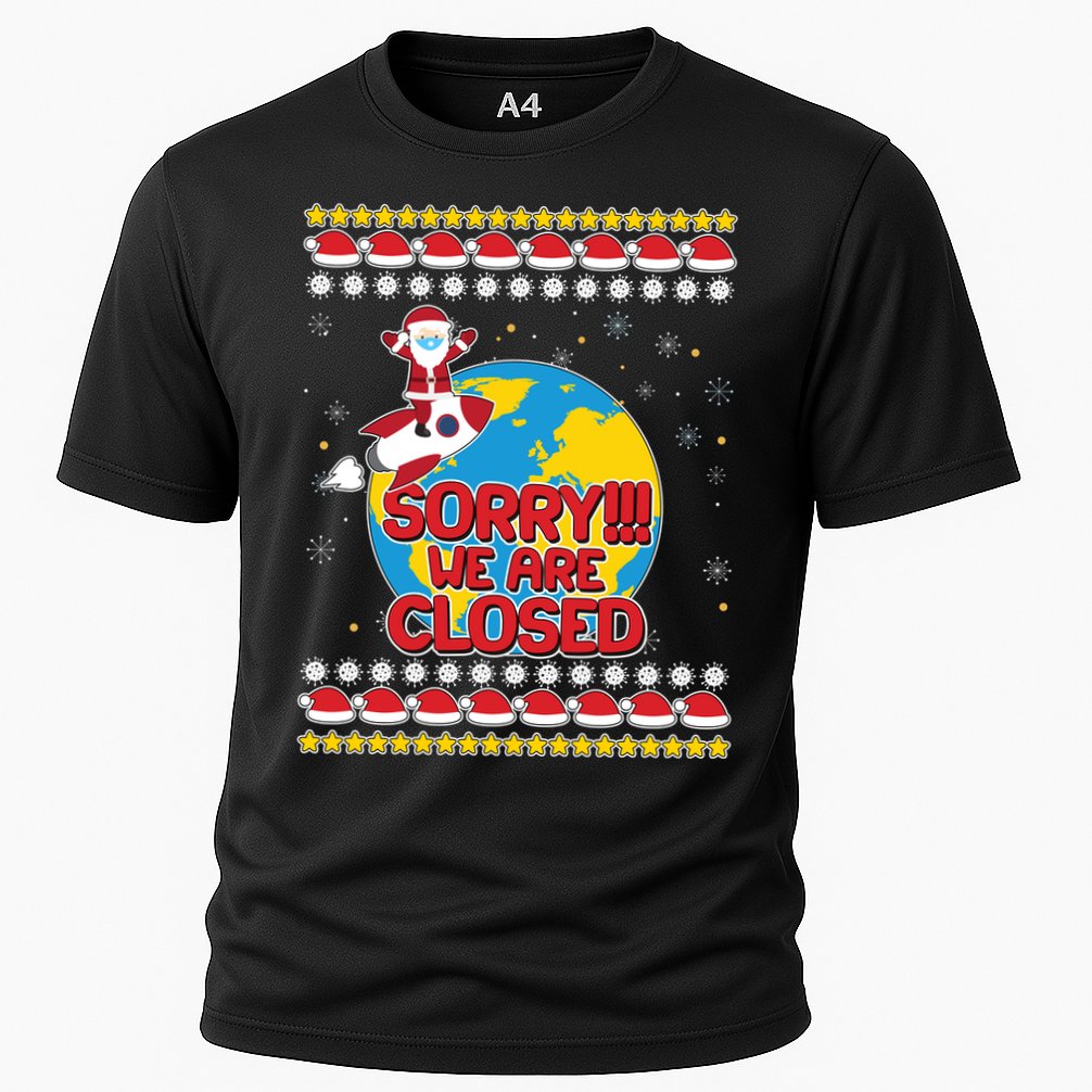Christmas Sorry We Are Closed Santa On Rocket Quarantined Earth Cooling Performance Crew T-Shirt