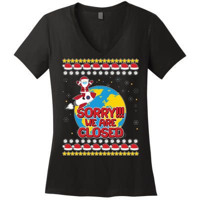 Christmas Sorry We Are Closed Santa On Rocket Quarantined Earth Women's V-Neck T-Shirt