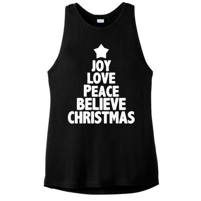 Christmas Tree Joy Love Peace Believe Ladies PosiCharge Tri-Blend Wicking Tank