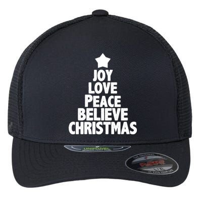 Christmas Tree Joy Love Peace Believe Flexfit Unipanel Trucker Cap