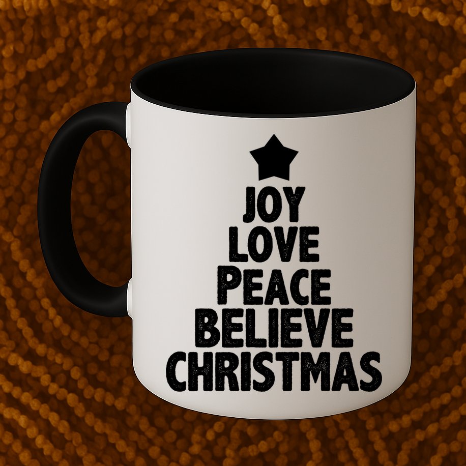 Christmas Tree Joy Love Peace Believe Mug
