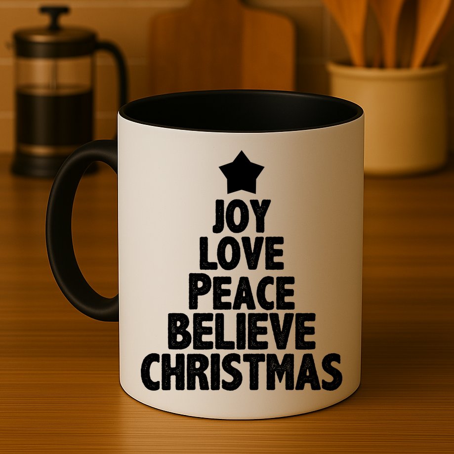 Christmas Tree Joy Love Peace Believe Mug