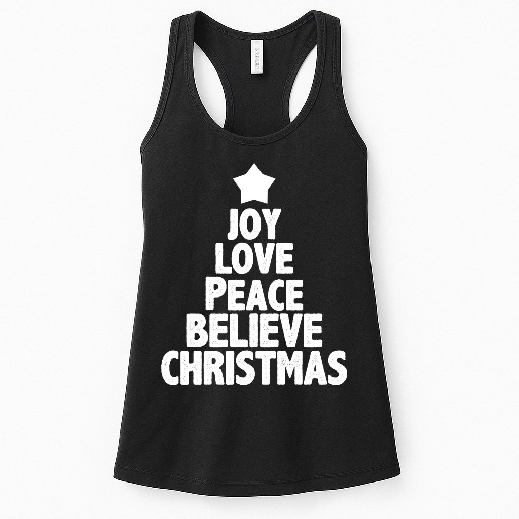 Christmas Tree Joy Love Peace Believe Womens Tank Top