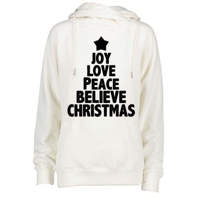 Christmas Tree Joy Love Peace Believe Womens Funnel Neck Pullover Hood