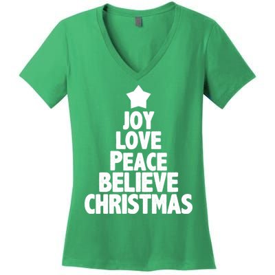 Christmas Tree Joy Love Peace Believe Women's V-Neck T-Shirt