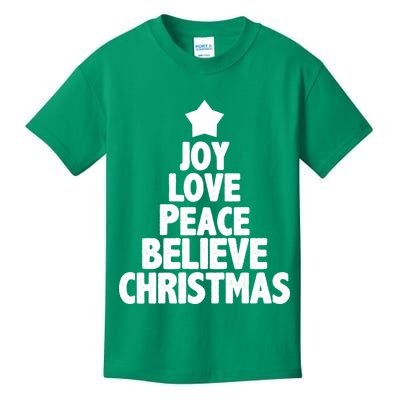 Christmas Tree Joy Love Peace Believe Kids T-Shirt