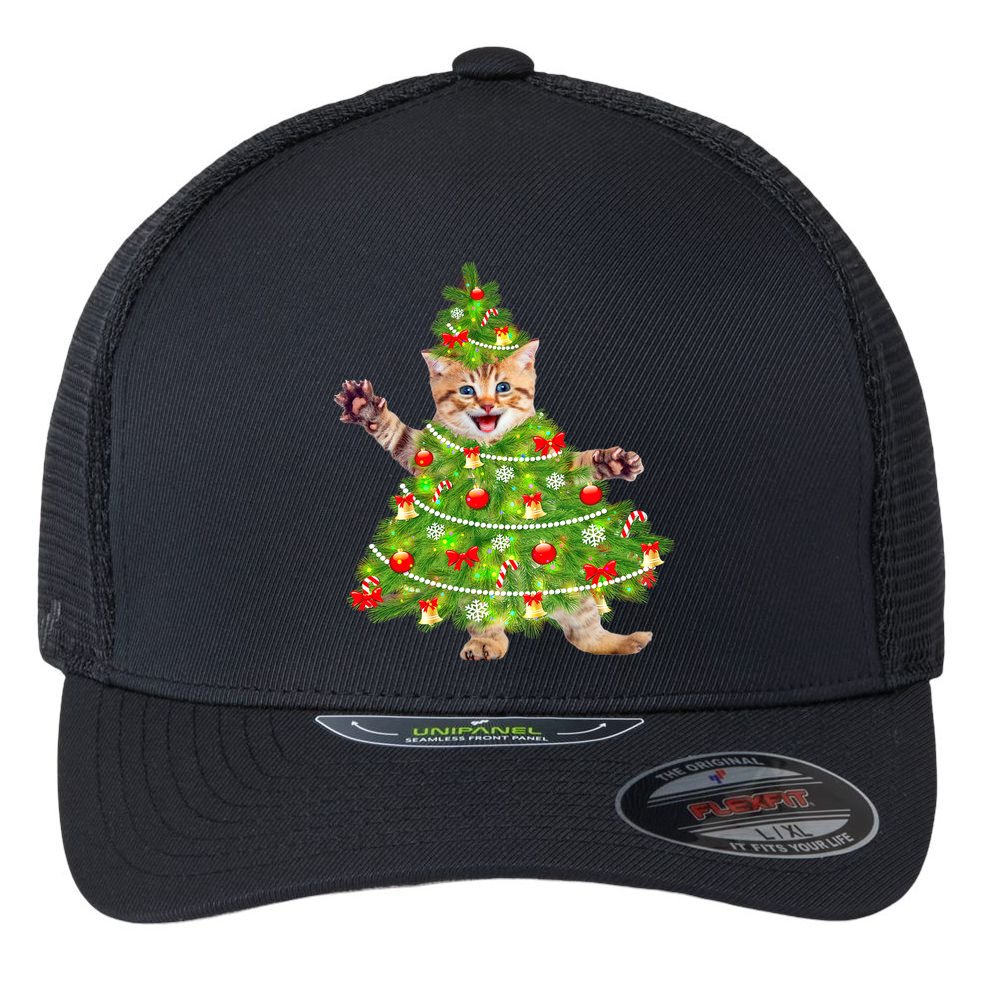 Christmas Tree Kitten Flexfit Unipanel Trucker Cap