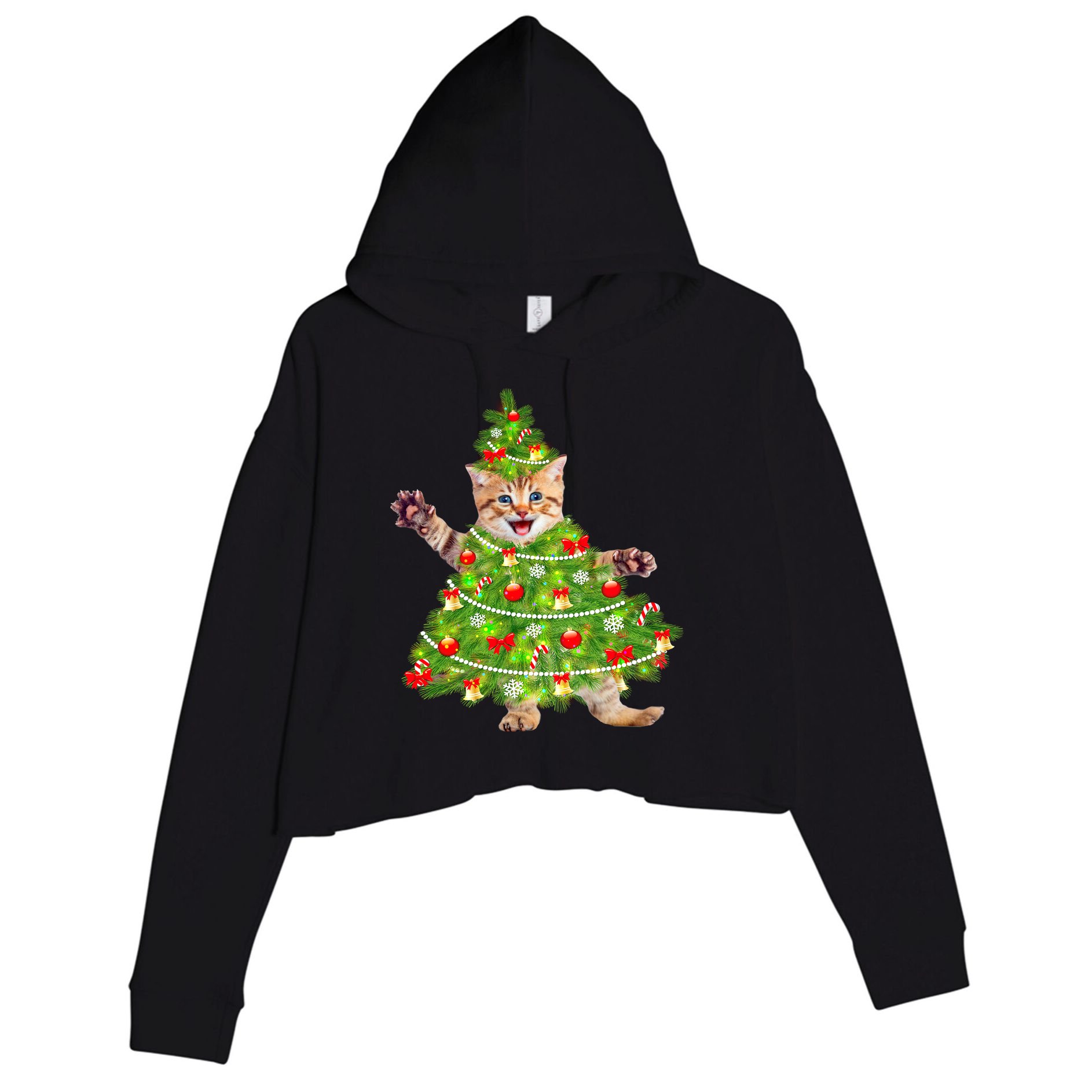 Christmas Tree Kitten Crop Fleece Hoodie