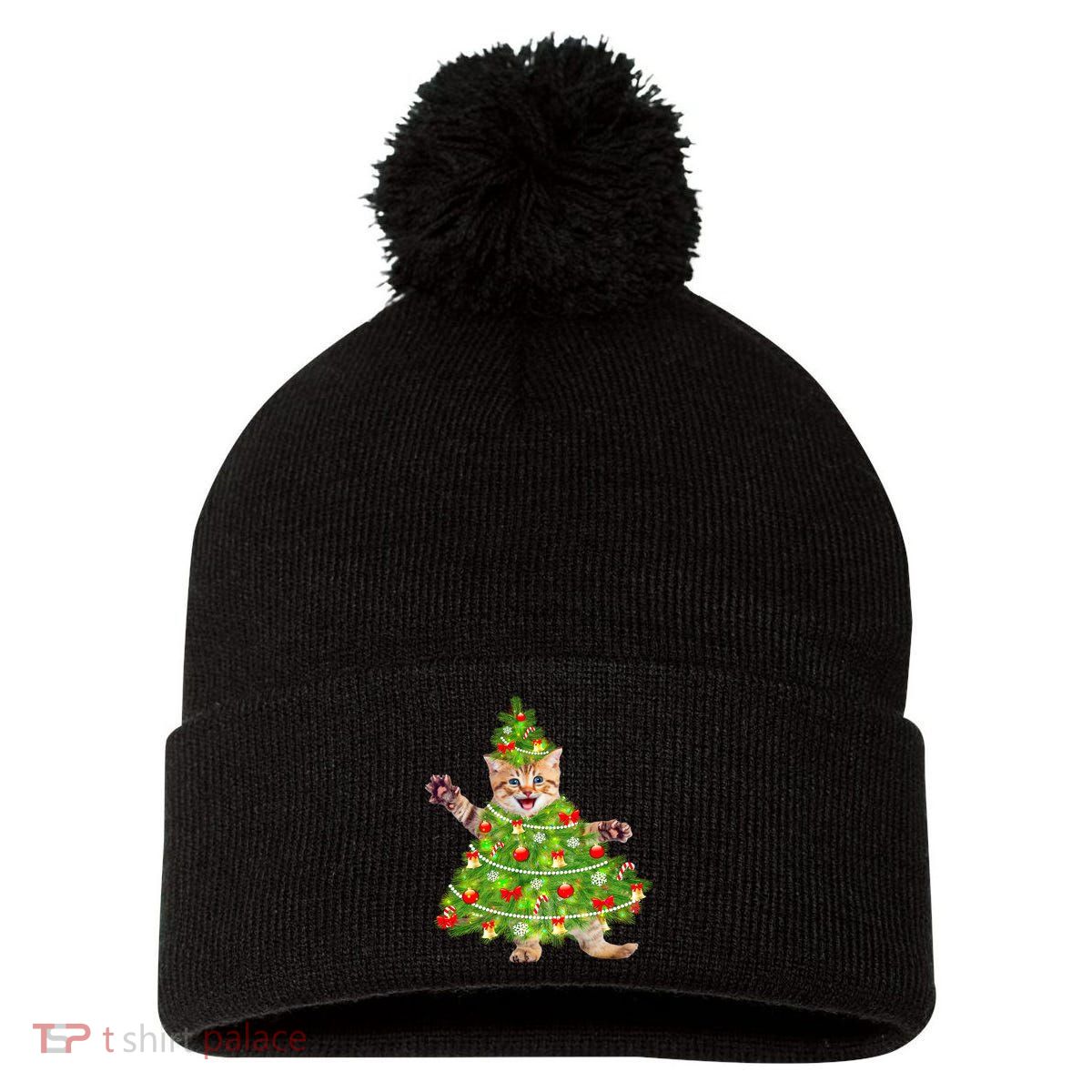 Christmas Tree Kitten Pom Pom 12in Knit Beanie