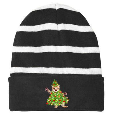 Christmas Tree Kitten Striped Beanie with Solid Band