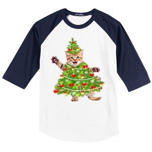 Christmas Tree Kitten Baseball Sleeve Shirt