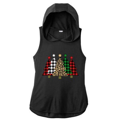 Christmas Trees Buffalo Plaid & Leopard Design Ladies PosiCharge Tri-Blend Wicking Draft Hoodie Tank