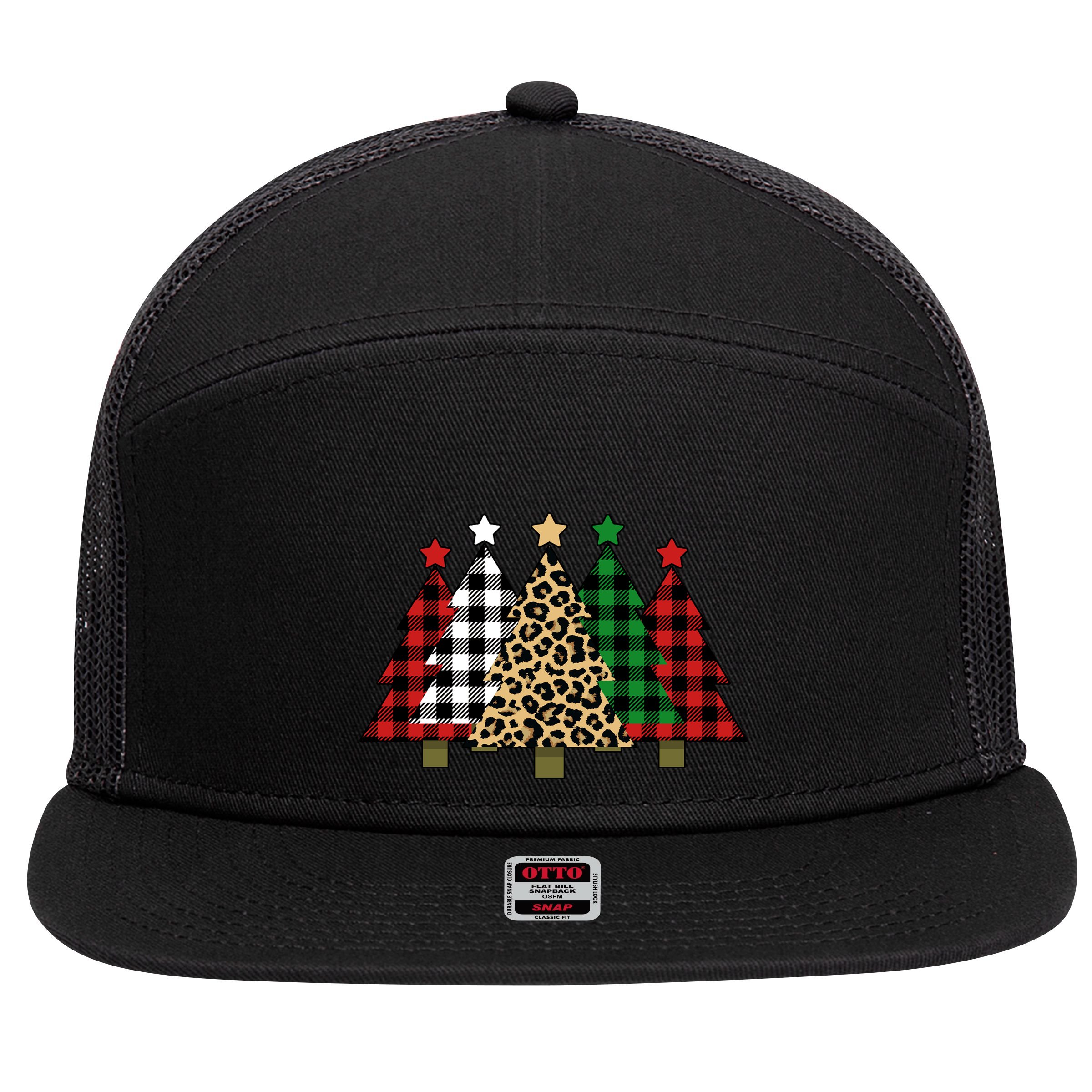 Christmas Trees Buffalo Plaid & Leopard Design 7 Panel Mesh Trucker Snapback Hat