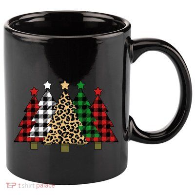 Christmas Trees Buffalo Plaid & Leopard Design 11oz C Handle Ceramic Mug