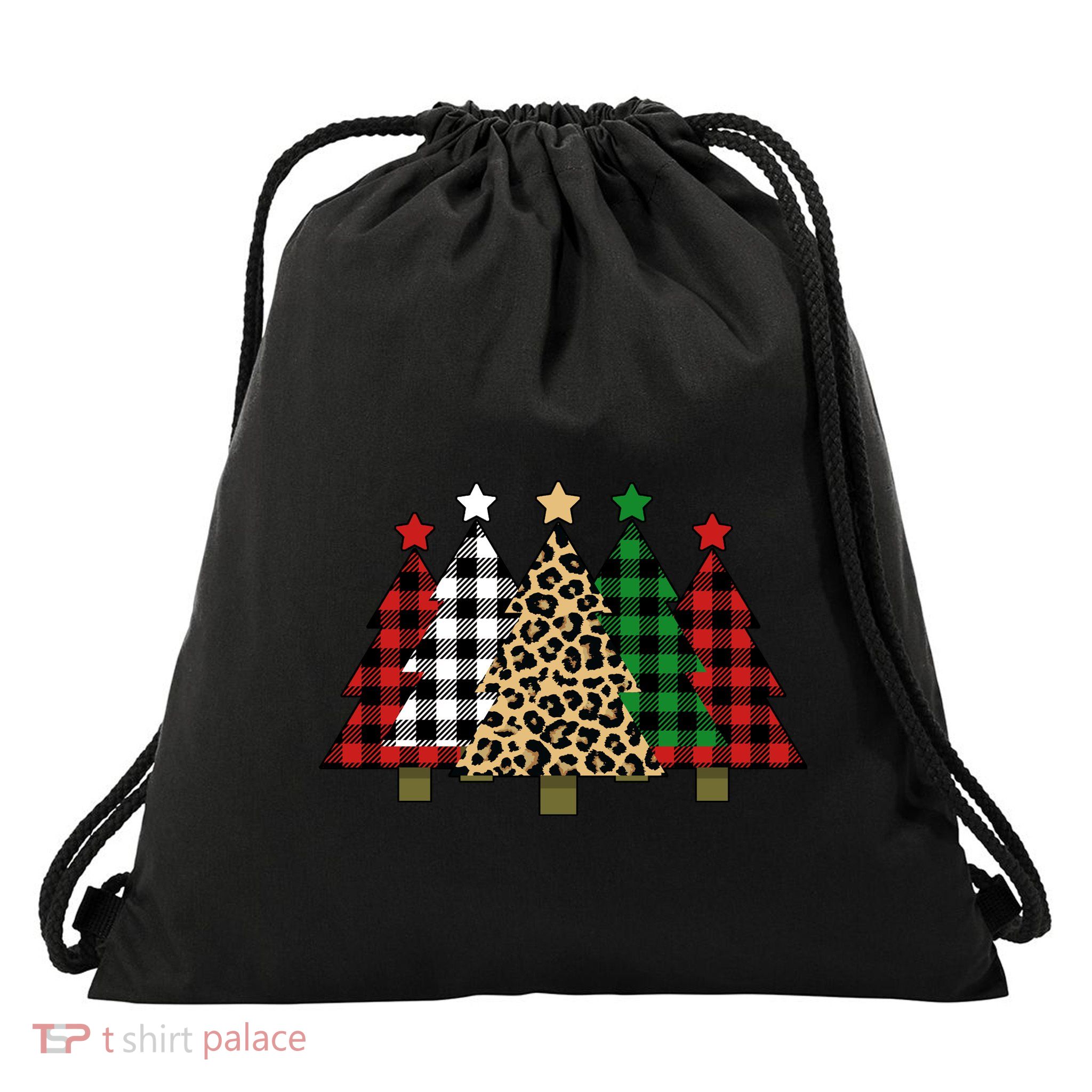 Christmas Trees Buffalo Plaid & Leopard Design Drawstring Bag