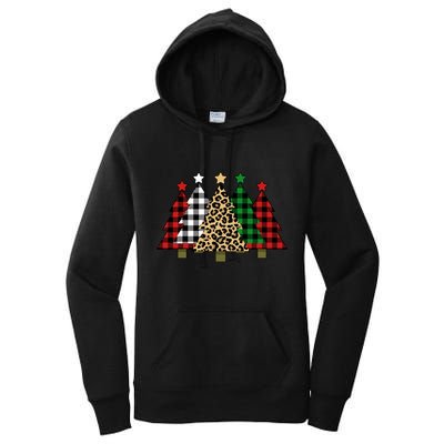 Christmas Trees Buffalo Plaid & Leopard Design Women's Pullover Hoodie
