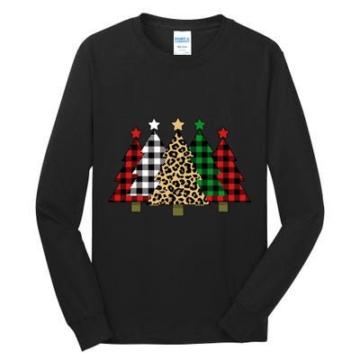 Christmas Trees Buffalo Plaid & Leopard Design Tall Long Sleeve T-Shirt