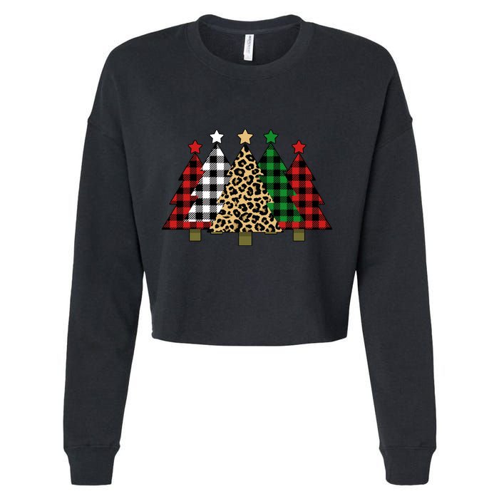Christmas Trees Buffalo Plaid & Leopard Design Cropped Pullover Crew