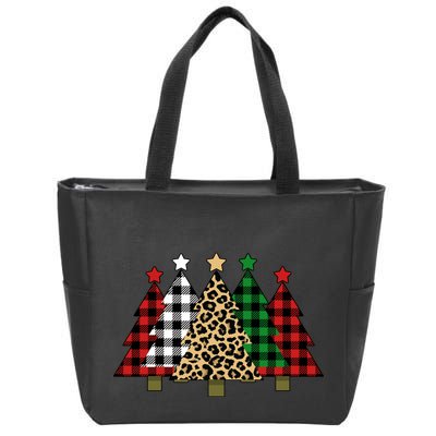 Christmas Trees Buffalo Plaid & Leopard Design Zip Tote Bag