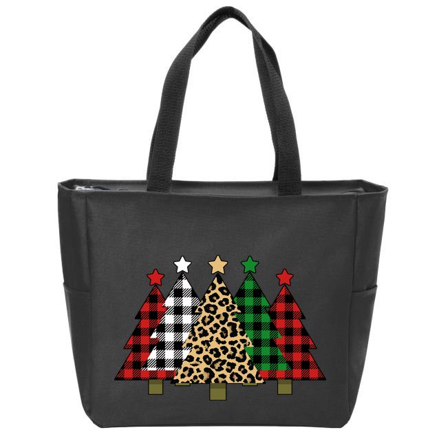 Christmas Trees Buffalo Plaid & Leopard Design Zip Tote Bag