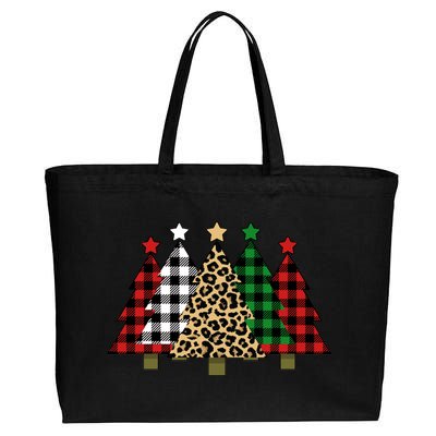 Christmas Trees Buffalo Plaid & Leopard Design Cotton Canvas Jumbo Tote