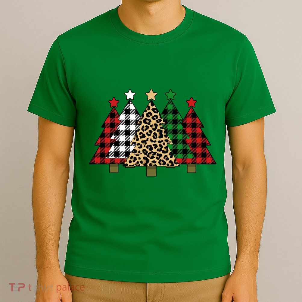 Christmas Trees Buffalo Plaid & Leopard Design T-Shirt