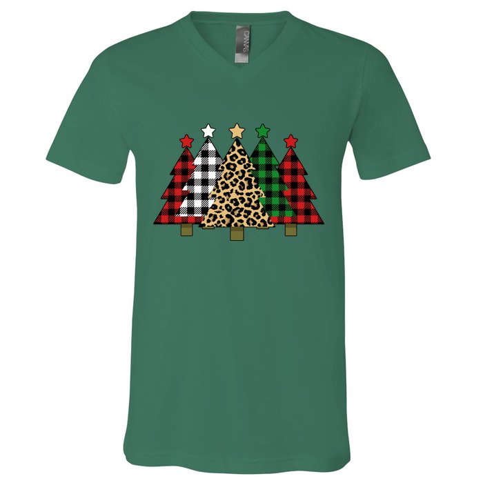 Christmas Trees Buffalo Plaid & Leopard Design V-Neck T-Shirt