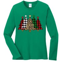 Christmas Trees Buffalo Plaid & Leopard Design Ladies Long Sleeve Shirt