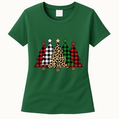 Christmas Trees Buffalo Plaid & Leopard Design Womens T-Shirt