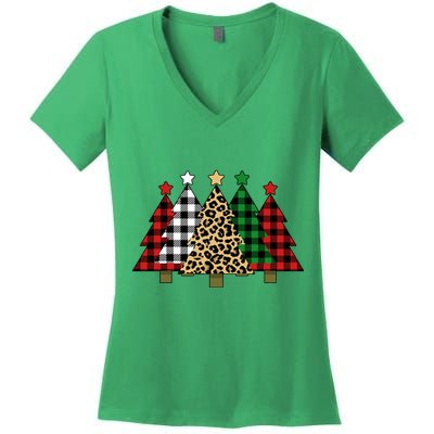 Christmas Trees Buffalo Plaid & Leopard Design Women's V-Neck T-Shirt