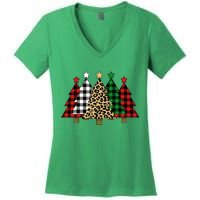 Christmas Trees Buffalo Plaid & Leopard Design Women's V-Neck T-Shirt